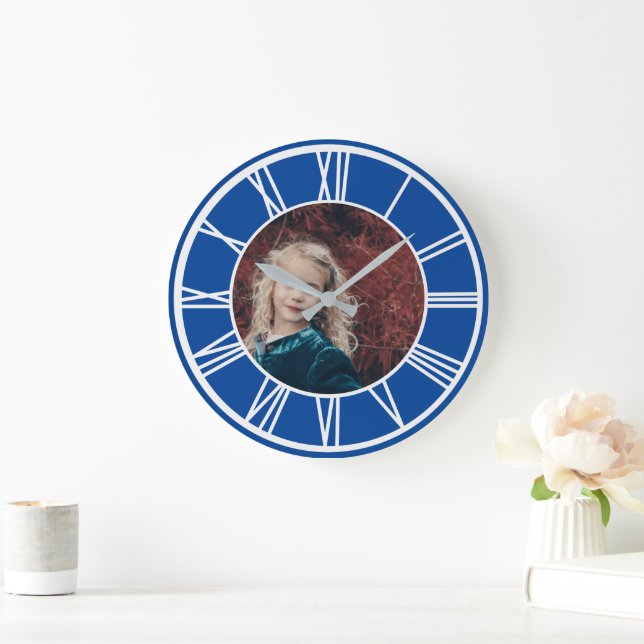 Grande Horloge Ronde Chiffre romain blanc Bleu profond Ajouter la photo (Maison)