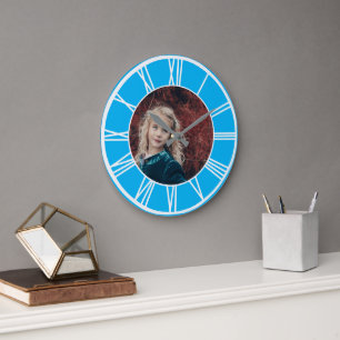 Grande Horloge Ronde Chiffre romain blanc Ciel bleu Ajouter photo rond
