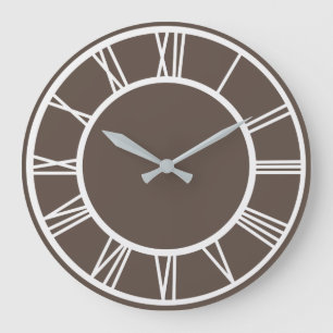 Grande Horloge Ronde Chiffre romain blanc Motif frontalier Dusty Brown 