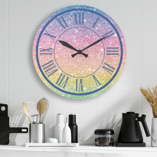 Grande Horloge Ronde Chiffre Romain Pailleté Arc-en-Ciel Féminin