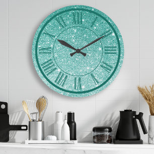 Grande Horloge Ronde Chiffre Romain Pailleté Sarcelle Étincelant Fémini