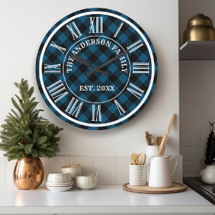 Grande Horloge Ronde Chiffre Romain Rustique Carreaux De Buffalo Noir E