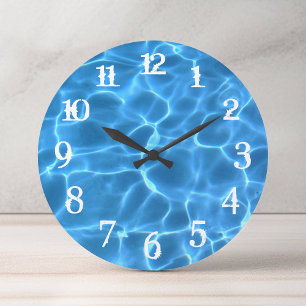 Grande Horloge Ronde Chiffres Blanches Piscine Bleue