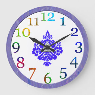 Grande Horloge Ronde chiffres colorés et damas bleu