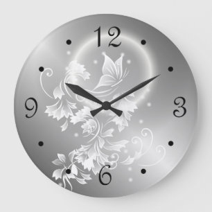 Grande Horloge Ronde Chiffres d'Imaginaire en argent du papillon floral