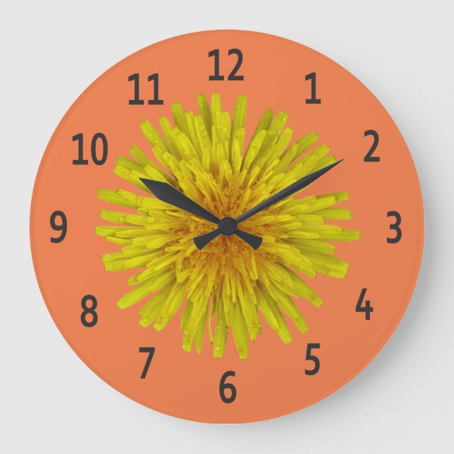 Grande Horloge Ronde Chiffres jaunes de noir de fleur de pissenlit sur (Recto)