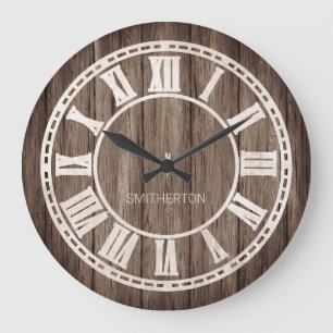 Grande Horloge Ronde Chiffres romains en bois rustique Nom de la maison