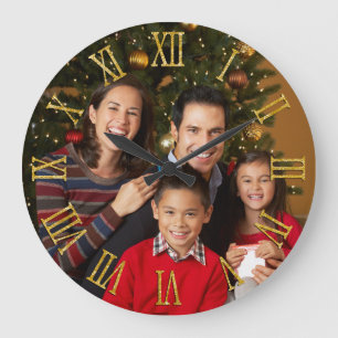 Grande Horloge Ronde Chiffres romains en faux or pailleté pour photo de
