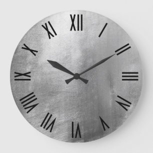 Grande Horloge Ronde Chiffres romains noirs en faux feuillet argent bri