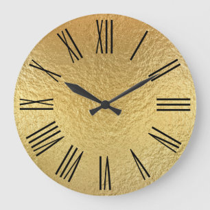 Grande Horloge Ronde Chiffres romains noirs en feuille d'or fausse bril