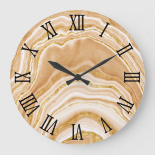 Grande Horloge Ronde Chiffres romains noirs Fausse Agate dorée