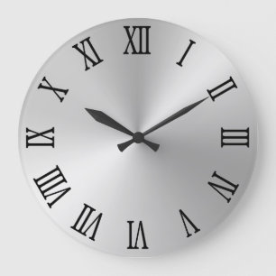 Grande Horloge Ronde Chiffres romains noirs ombre clair argenté