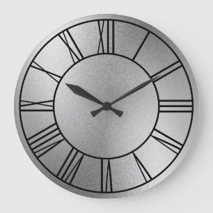 Grande Horloge Ronde Chiffres romains noirs sur papier alu argenté bril