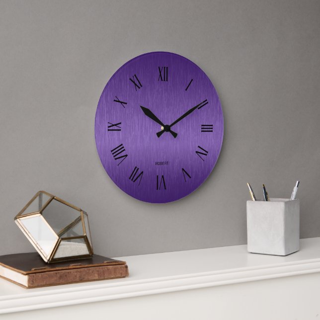 Grande Horloge Ronde Chiffres romains violets métalliques personnalisés (Bureau)