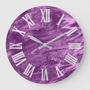 Grande Horloge Ronde Chiffres romains violets violets gris métallisé