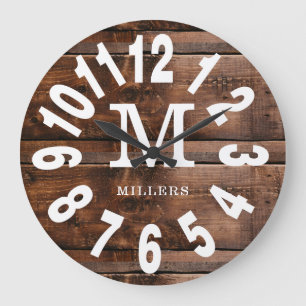 Grande Horloge Ronde Chiffres Rustic Wood Bold Nom de famille Monogramm