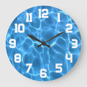 Grande Horloge Ronde Chiffres sportifs blancs Aqua Blue Piscine