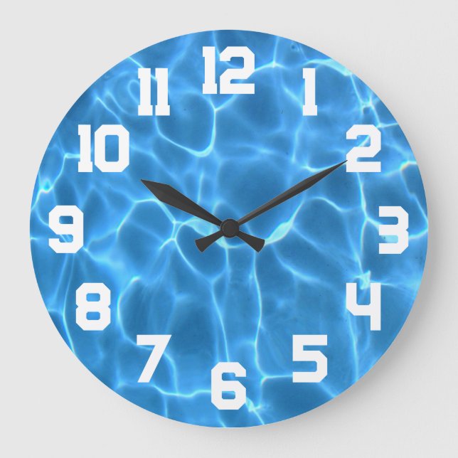 Grande Horloge Ronde Chiffres sportifs blancs Aqua Blue Piscine (Recto)