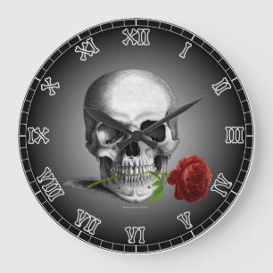 Grande Horloge Ronde Chiffres squelettiques roses de crâne gothique