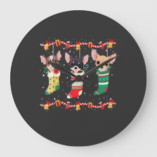 Grande Horloge Ronde Chihuahua Chaussettes de Noël Lumières Drôle Xmas