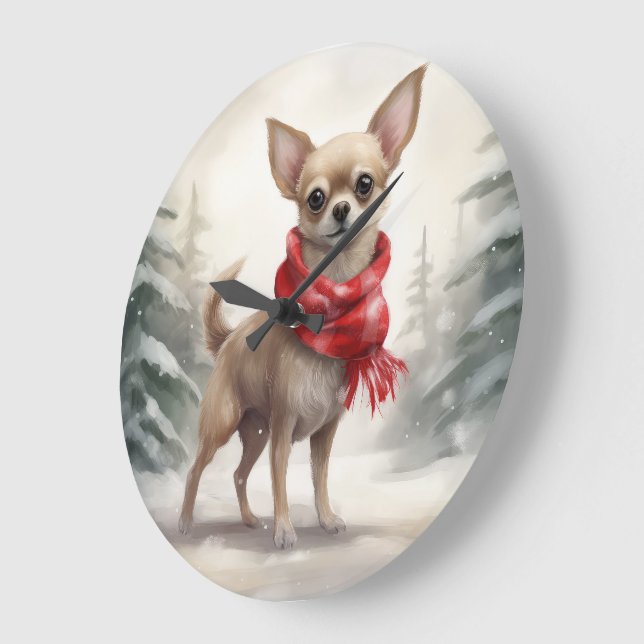 Grande Horloge Ronde Chihuahua Chien dans Noël de neige (Angle)
