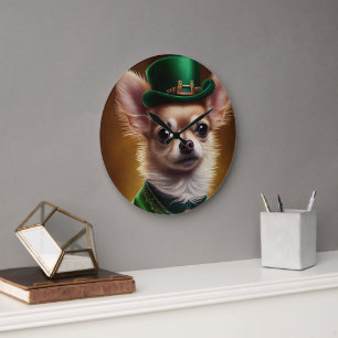 Grande Horloge Ronde Chihuahua Chien en robe de la Saint Patrick