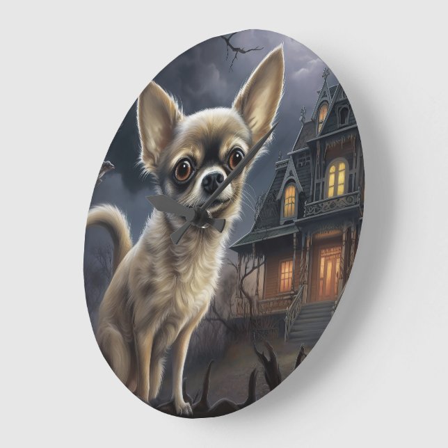 Grande Horloge Ronde chihuahua Halloween effroi (Angle)