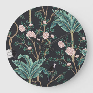 Grande Horloge Ronde Chinoiserie Oiseaux exotiques : Mur de bananier Vi