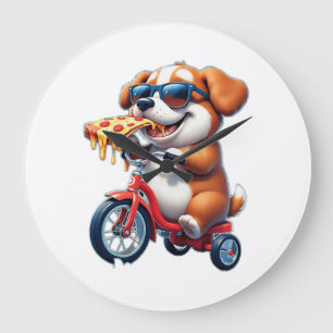 Grande Horloge Ronde chiot à vélo mangeant de la pizza
