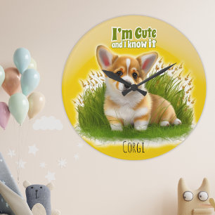 Grande Horloge Ronde Chiot de Corgi sur l'herbe   Je suis mignonne