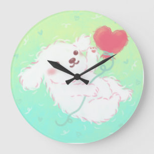 Grande Horloge Ronde Chiot mignon avec ballon en forme de cœur