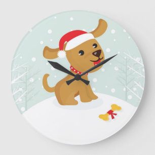 Grande Horloge Ronde Chiot mignon de Noël de Cartoone