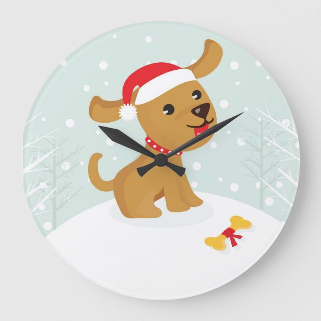 Grande Horloge Ronde Chiot mignon de Noël de Cartoone (Recto)