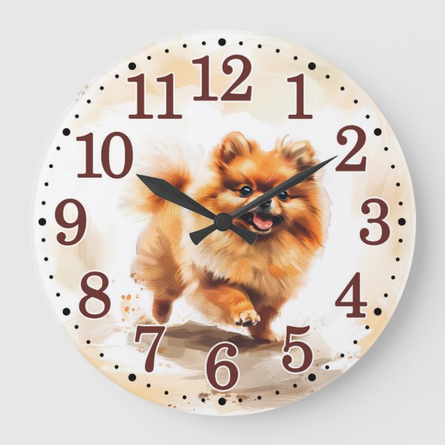 Grande Horloge Ronde Chiot Poméranien en jeu pour Amoureux des chiens (Recto)