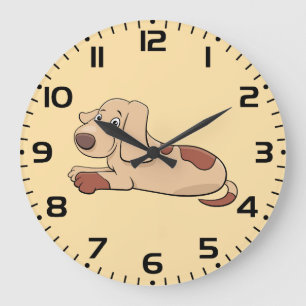 Grande Horloge Ronde Chiot Tacheté Brun et Brun Clair Mignon