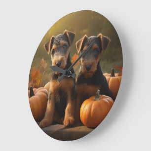 Grande Horloge Ronde Chiots Airedale Automne Délice Citrouille