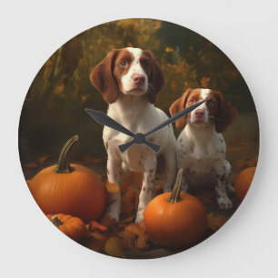 Grande Horloge Ronde Chiots Brittany Spaniel Délice d'Automne Citrouill