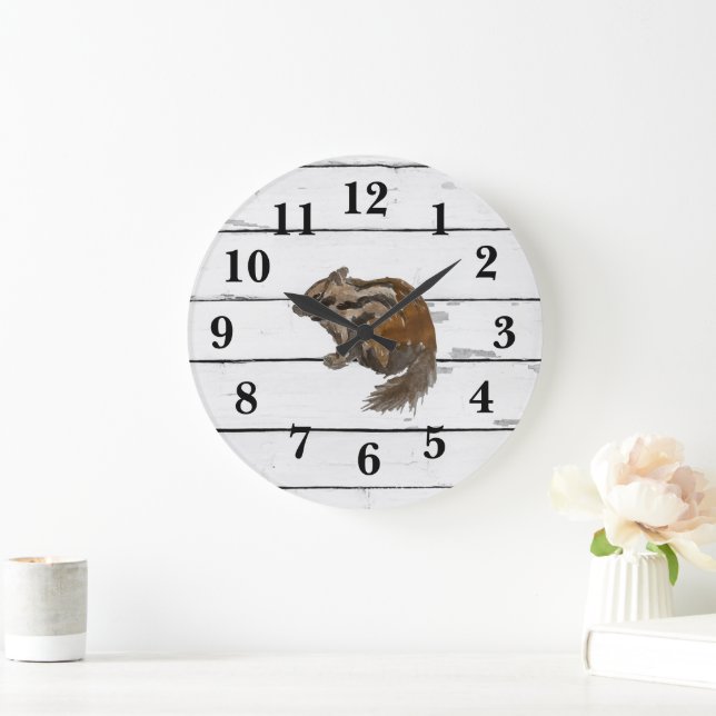 Grande Horloge Ronde Chipmunk Woodland Animal Peinture Shiplap (Maison)