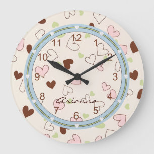Grande Horloge Ronde Chocolat rose et Coeurs de citron vert Imprimer Ho