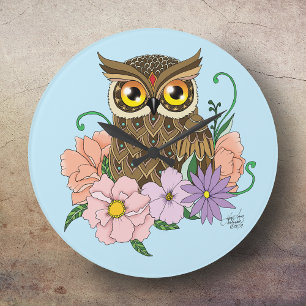 Grande Horloge Ronde Chouette aux fleurs pastel de printemps