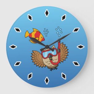 Grande Horloge Ronde Chouette avec masque tuba et poisson tropical
