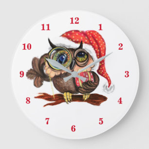 Grande Horloge Ronde Chouette bébé mignonne avec un chapeau de Noël et