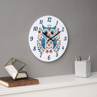 Grande Horloge Ronde Chouette Bleue Sage Art populaire scandinave