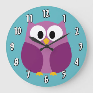Grande Horloge Ronde Chouette caricaturale mignonne aux couleurs vives