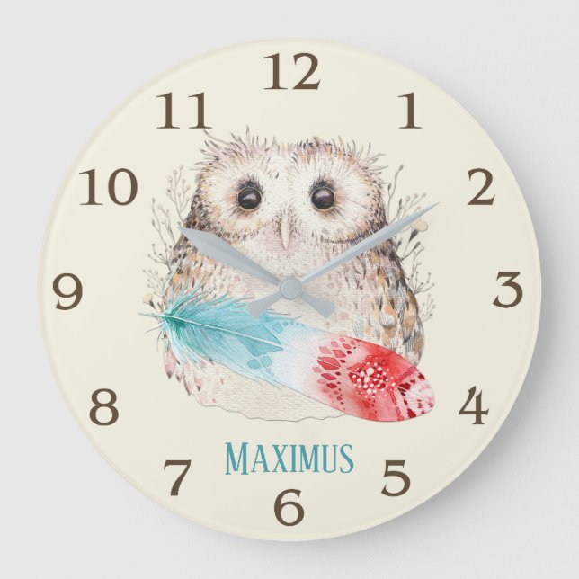 Grande Horloge Ronde Chouette d'aquarelle en Whimsical Plumes Turquoise (Recto)