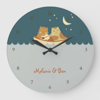 Grande Horloge Ronde Chouette et chat (bleu de mer)