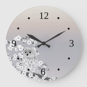 Grande Horloge Ronde Chouette mignonne Beige Taupe Numéros