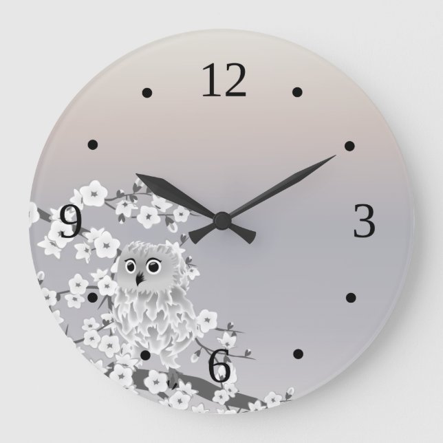 Grande Horloge Ronde Chouette mignonne Beige Taupe Numéros (Recto)