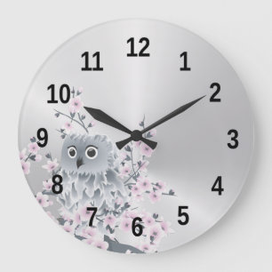 Grande Horloge Ronde Chouette mignonne et fleurs de cerisiers Argent