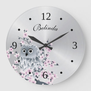 Grande Horloge Ronde Chouette mignonne et fleurs de cerisiers Monogramm